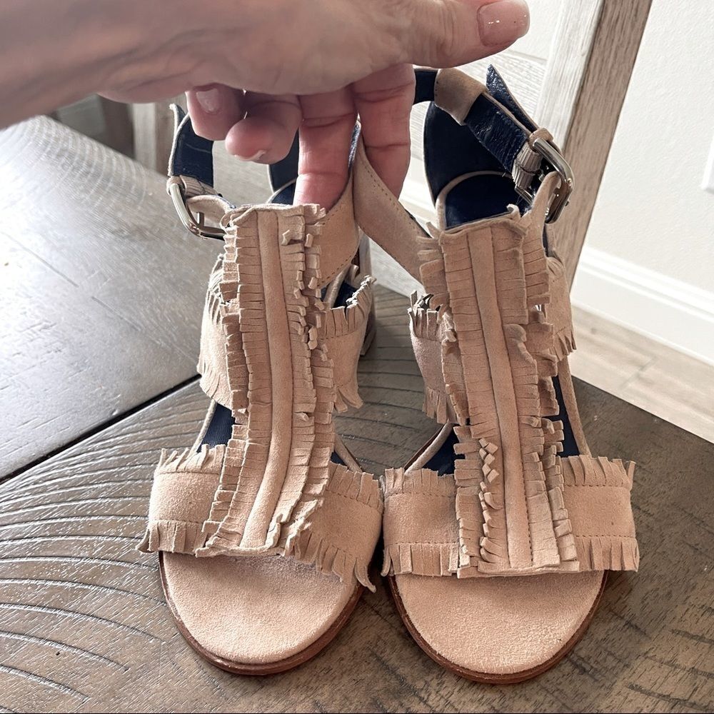 Valentina‎ Rangoni Tan Fringed Block Heel Sandals, Size 7